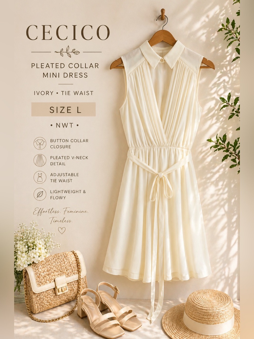 Cecico Ivory Pleated Collar Mini Dress Tie Waist Size L NWT